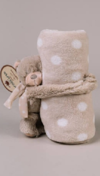 Plüss gyermekpléd "Teddy" plüssfigurával (barna, fehér pöttyökkel, 75*100 cm)