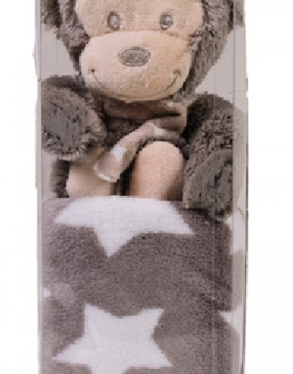 Plüss gyermekpléd ajándék plüss majomfigurával (szürke, csillagminta, 75*100 cm)