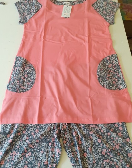 Rövid női pamut pizsama (Rózsaszín-virágmintás) (Méret: M, L, XL, XXL)